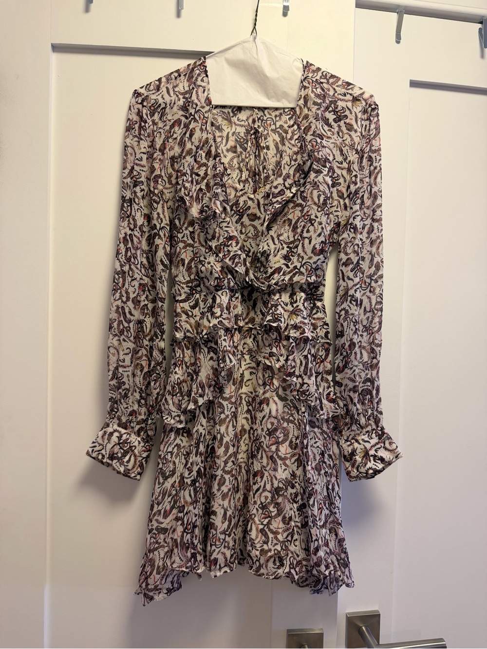 Iro Long-Sleeve Ruffle Paisley Dress - Cream with Purple Print